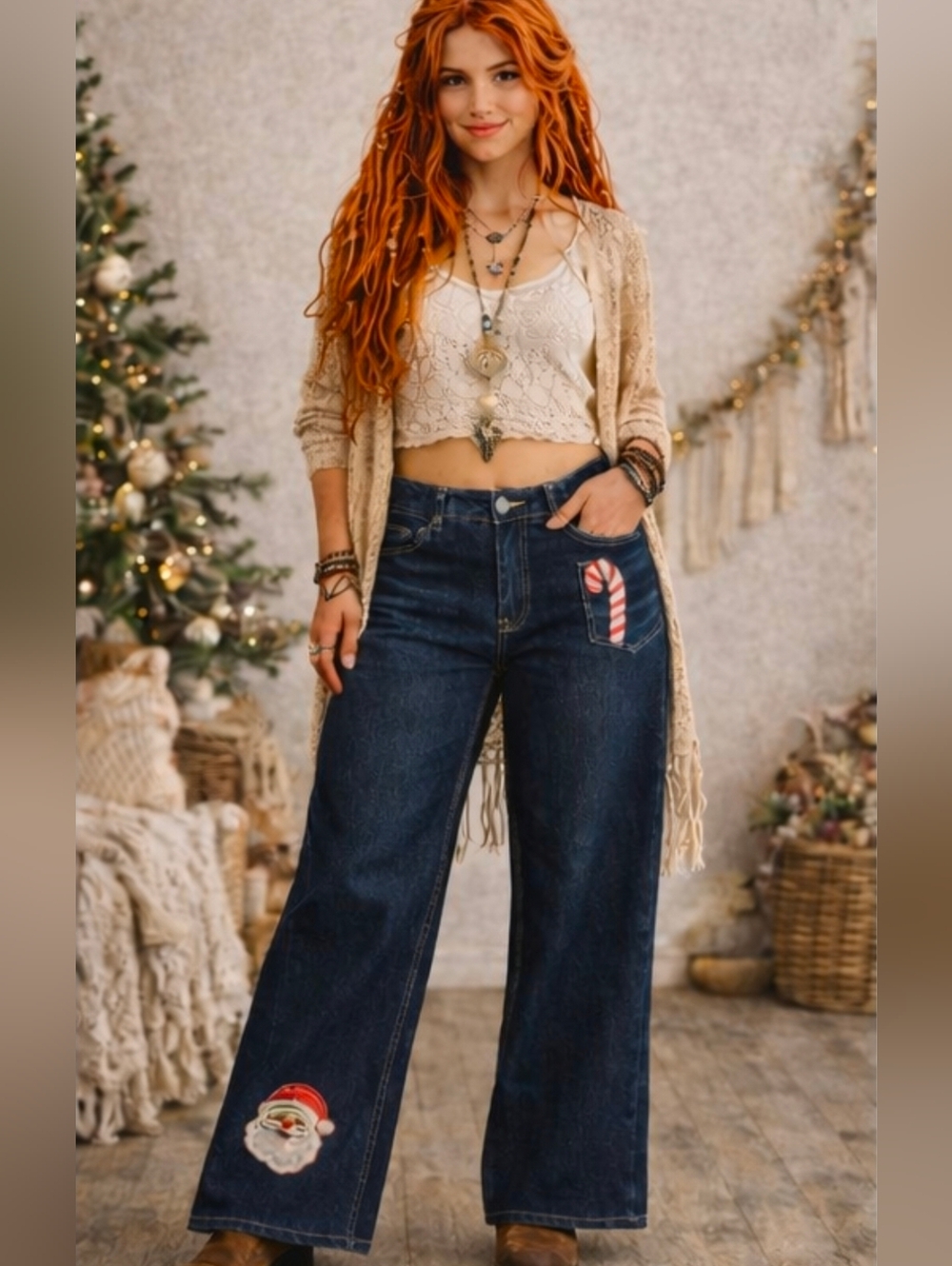 Flamingals Christmas Embroidered Wide Leg Jeans Sz 2XL